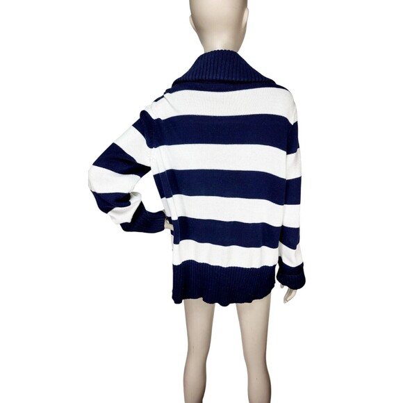 Chaps Navy Blue White Striped Knit Collared Cardigan Sweater Women's Size 2X - Picture 7 of 10